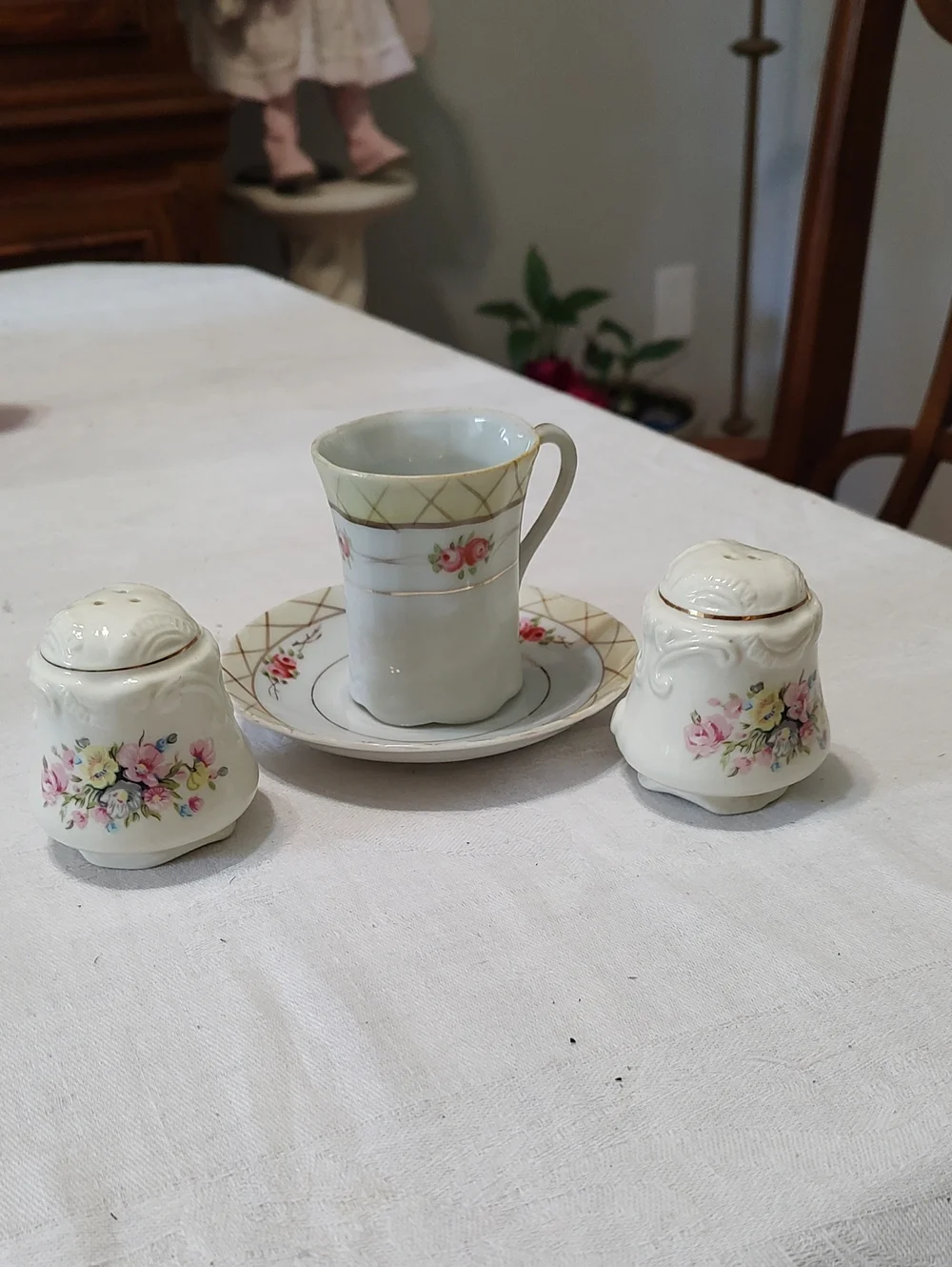 Porcelain Floral Demitasse Cup & Saucer with Salt and Pepper Shakers - Cream